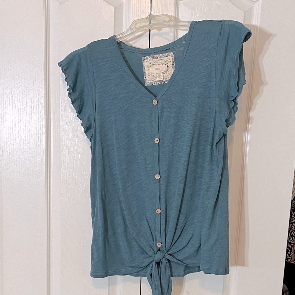 Cupio Teal Flutter Sleeve Tie Front Pullover Top XL LIKE NEW